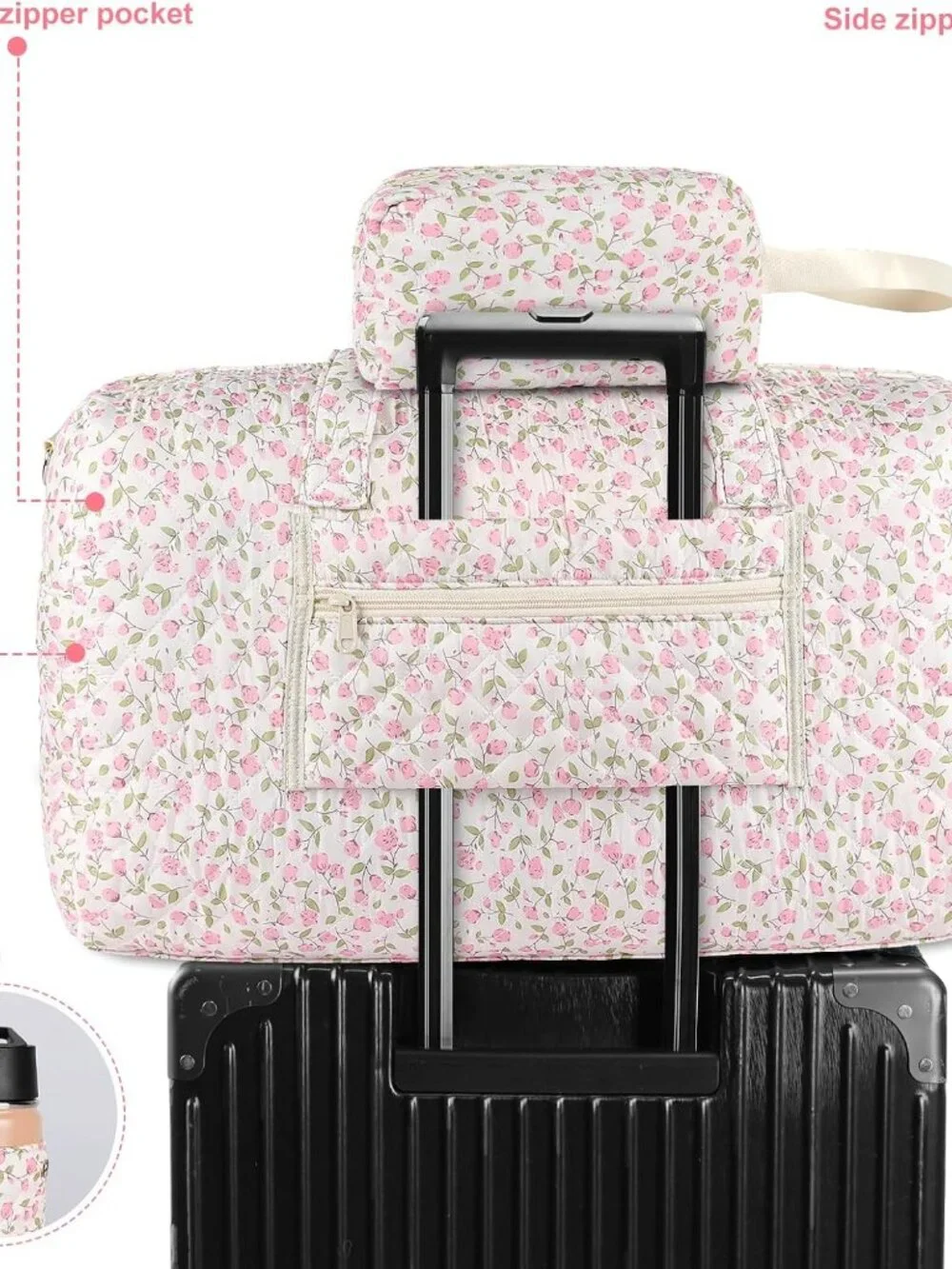 Floral Quilted Duffle Bag, Weekender Bag with Makeup Pouch Women | Floral Quilte
